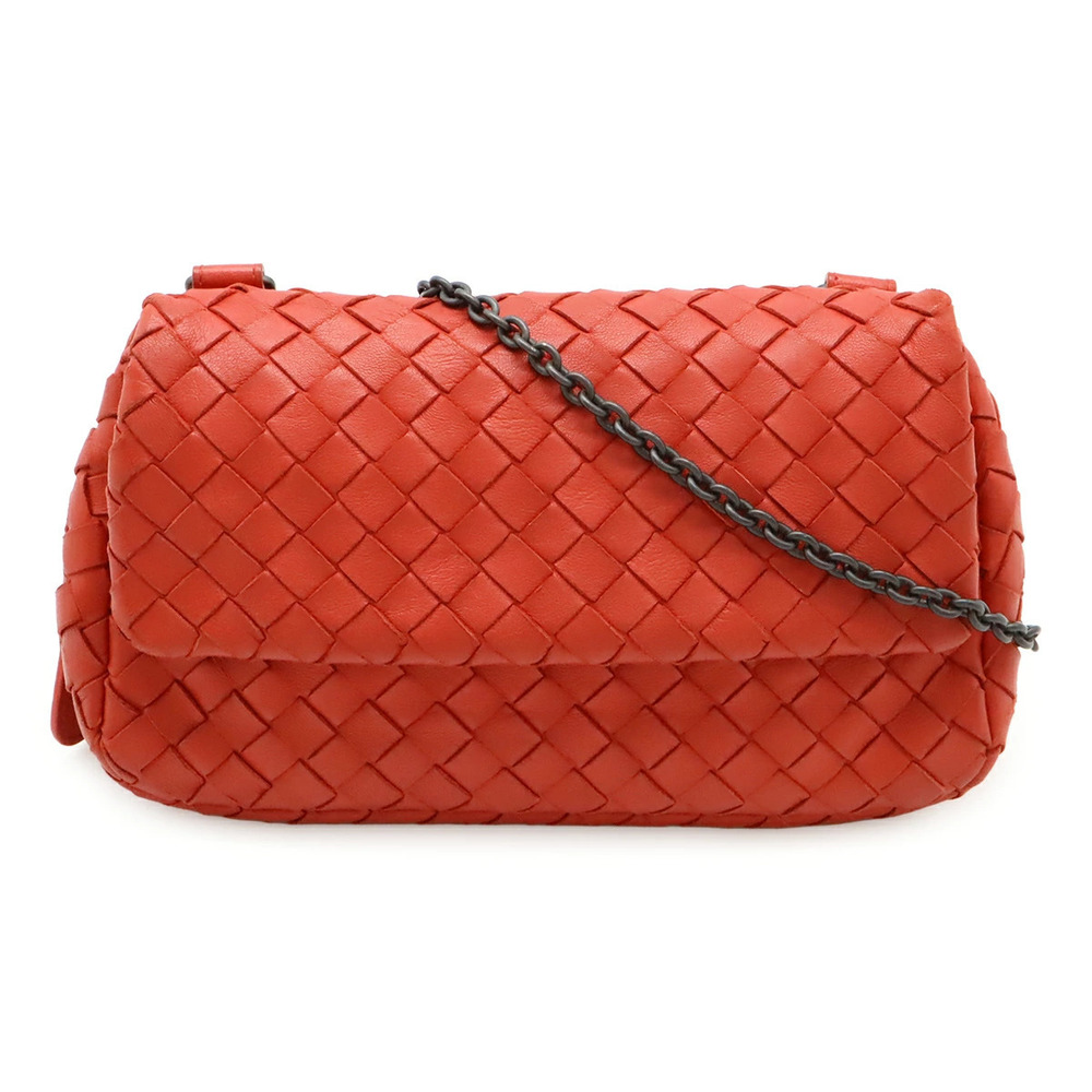 BOTTEGA VENETA Intrecciato Chain Shoulder Bag Leather Red